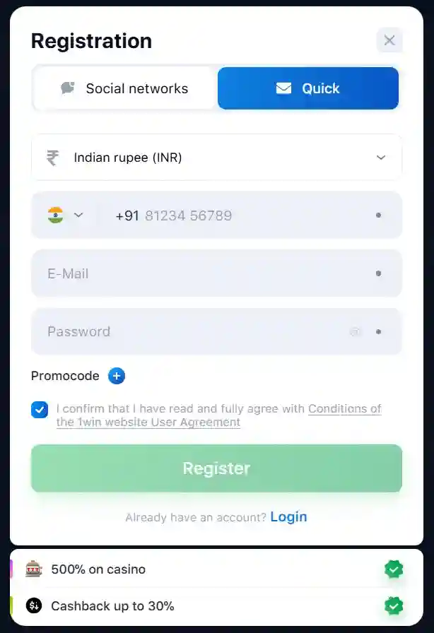 1win registration methods in India