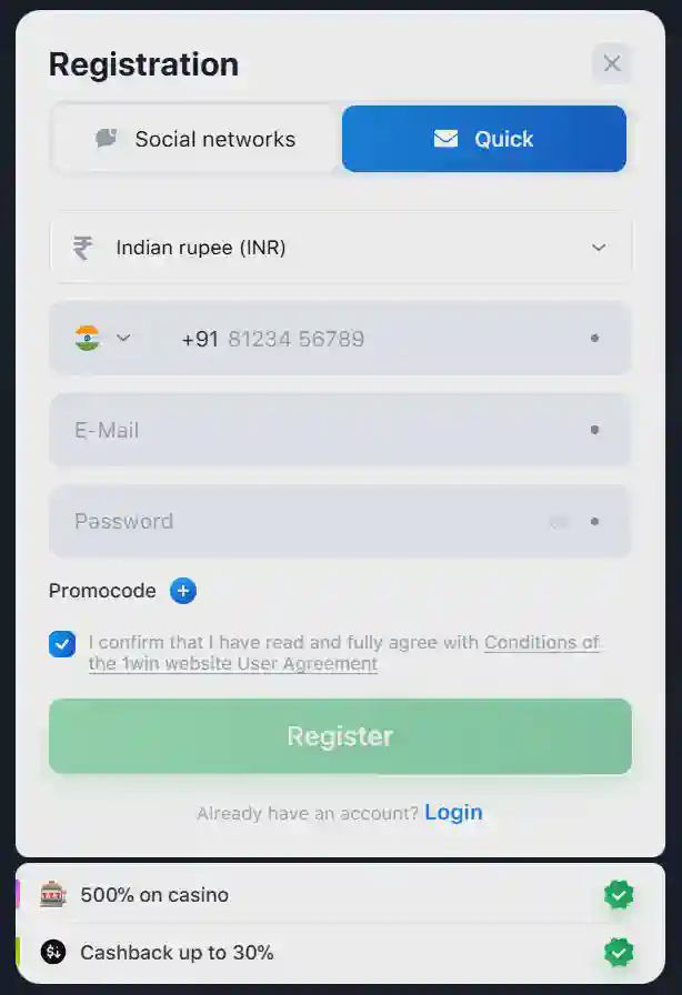 1win registration methods in India